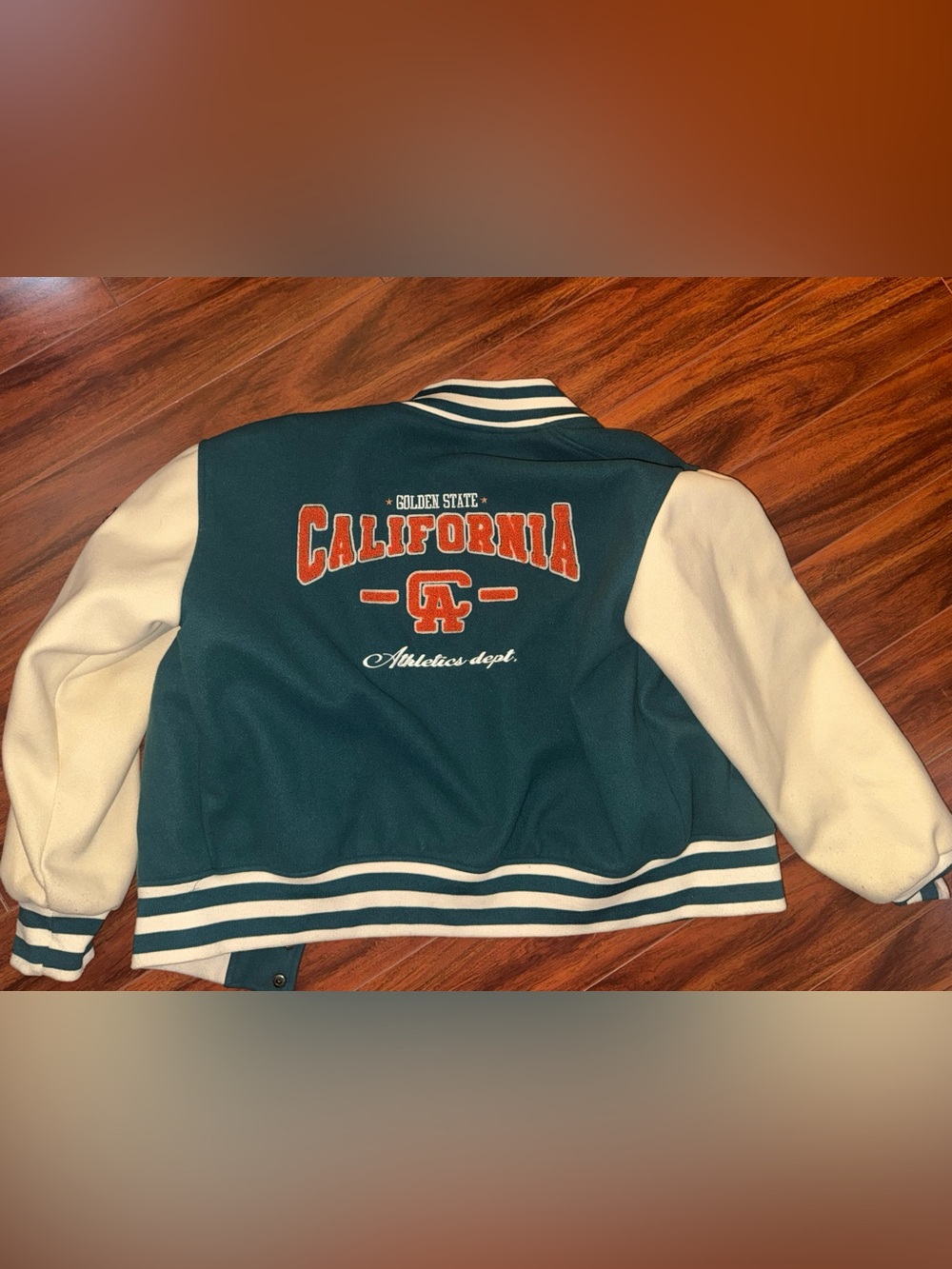 Forever 21 Two-Tone Varsity Jacket in Teal, Cream & Orange - Picture 3 of 3